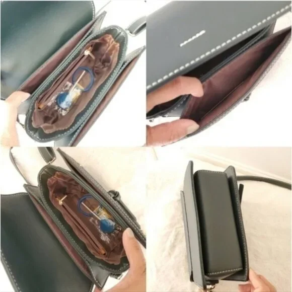 Structured Green Crossbody Shoulder Bag Gold Hardware Vegan Leather - Picture 4 of 6